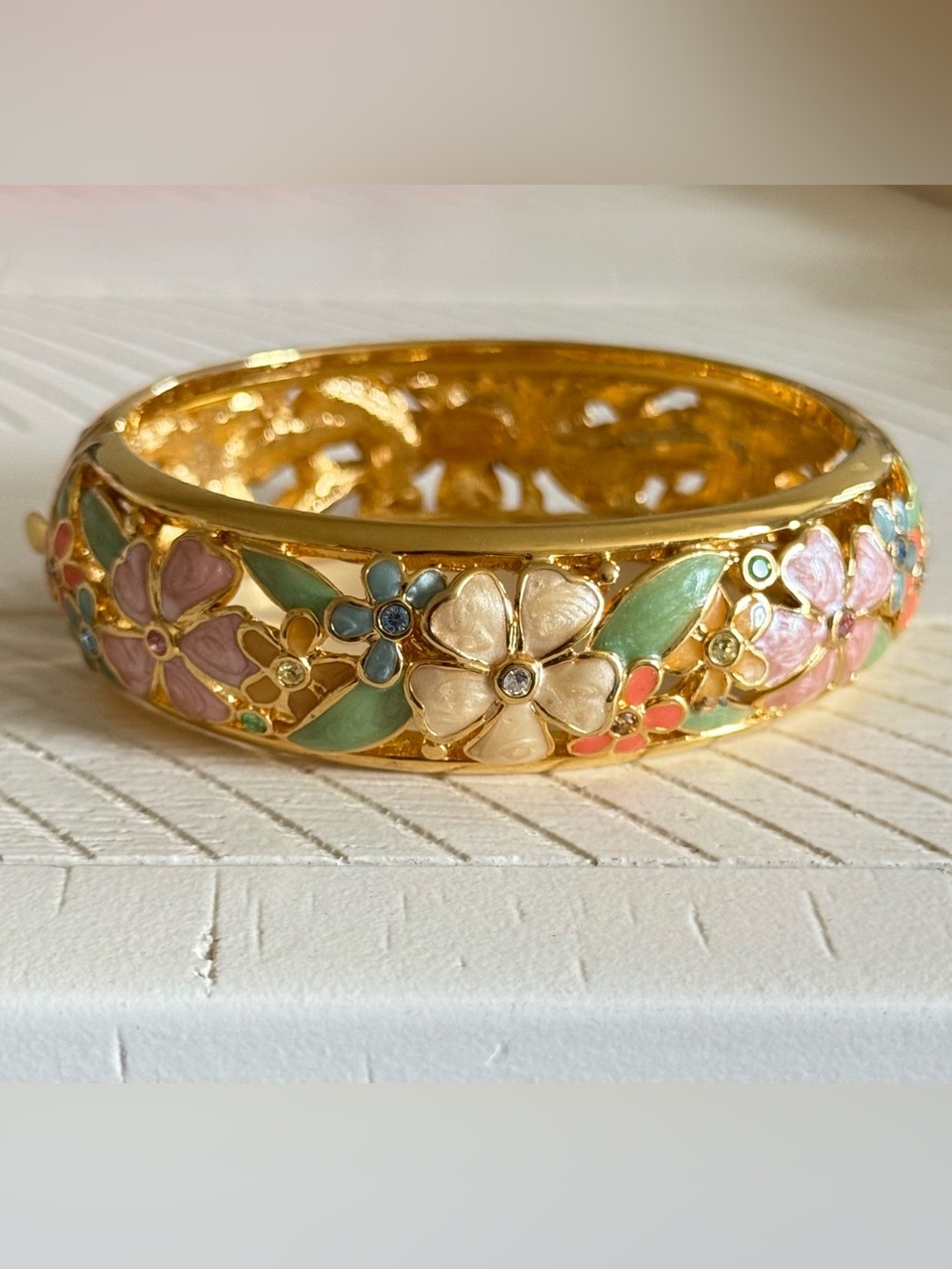Joan Rivers Gold Floral Enamel Hinged Bracelet with Pastel Accents